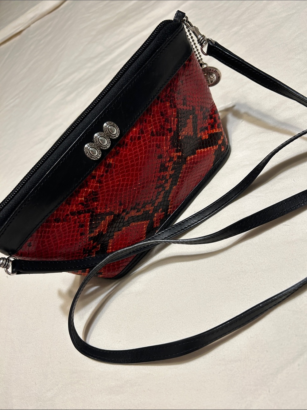 Red Snake-Print Crossbody Bag with Black Trim